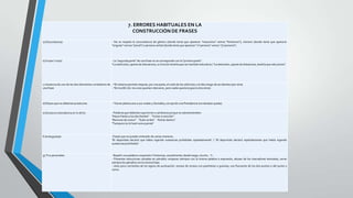7. ERRORES HABITUALES EN LA
CONSTRUCCIÓN DE FRASES
a) Discordancias

- No se respeta la concordancia de género (donde tenía que aparecer "masculino" vemos "femenino"), número (donde tenía que aparecer
"singular" vemos "plural") o persona verbal (donde tenía que aparecer "1ª persona" vemos "3ª persona").

b) Frases "rotas"

- La "segunda parte" de una frase no se corresponde con la "primera parte":
*La televisión, aparte de distraernos, su función tendría que ser también educativa / "La televisión, aparte de distaernos, tendría que educarnos".

c) Ausencia de uno de los dos elementos correlativos de - *El sistema permite mejorar, por una parte, el ruido de los vehículos y el alto riesgo de accidentes (por otra).
una frase
- *En los EE.UU. los unos querían intervenir, pero nadie quería la guerra (los otros).

d) Elipsis que no deberían producirse

- *Aznar planta cara a sus rivales y González, sin opción a la Presidencia (no tiene/se queda).

e) Excesiva redundancia en lo dicho

- Palabras que deberían suprimirse o cambiarse porque se sobreentienden:
"Hacer frente a los dos frentes" "Volver a reincidir"
"Reiniciar de nuevo" "Subir arriba" "Entrar dentro"
"Tampoco no lo haré nunca jamás"

f) Ambigüedad

-Frases que se pueden entender de varias maneras:
"El deportista declaró que había ingerido sustancias prohibidas repetidamente" / "El deportista declaró repetidamente que había ingerido
sustancias prohibidas".

g) Tics personales

- Repetir una palabra o expresión ("entonces, actualmente, desde luego, mucho...").
- Presentar estructuras calcadas en párrafos: empezar siempre con la misma palabra o expresión, abusar de los marcadores textuales, cerrar
siempre los párrafos con la misma frase.
- Usos poco corrientes de los signos de puntuación: exceso de incisos con paréntesis o guiones; uso frecuente de los dos puntos o del punto y
coma.

 