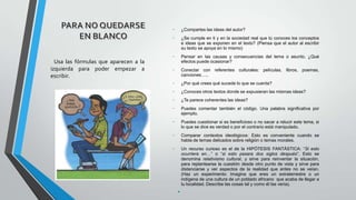 -

Usa las fórmulas que aparecen a la
izquierda para poder empezar a
escribir.

¿Compartes las ideas del autor?

-

Pensar en las causas y consecuencias del tema o asunto. ¿Qué
efectos puede ocasionar?

-

Conectar con referentes culturales: películas, libros, poemas,
canciones…..

-

¿Por qué crees qué sucede lo que se cuenta?

-

Puedes cuestionar si es beneficioso o no sacar a relucir este tema, si
lo que se dice es verdad o por el contrario está manipulado.

-

Comparar contextos ideológicos: Esto es conveniente cuando se
habla de temas delicados sobre religión o temas morales.

-

Un recurso curioso es el de la HIPÓTESIS FANTÁSTICA: “Si esto
ocurriera en…” o “si esto pasara dos siglos después”. Esto se
denomina relativismo cultural, y sirve para reinventar la situación,
para replantearse la cuestión desde otro punto de vista y sirve para
distanciarse y ver aspectos de la realidad que antes no se veían.
(Haz un experimento: Imagina que eres un extraterrestre o un
indígena de una cultura de un poblado africano que acaba de llegar a
tu localidad. Describe las cosas tal y como él las vería).

¿Se cumple en ti y en la sociedad real que tú conoces los conceptos
e ideas que se exponen en el texto? (Piensa que el autor al escribir
su texto se apoya en lo mismo)

¿Conoces otros textos donde se expusieran las mismas ideas?
¿Te parece coherentes las ideas?
Puedes comentar también el código. Una palabra significativa por
ejemplo.

•

 