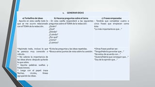 1.

GENERAR IDEAS

a) Torbellino de ideas
b) Hacerse preguntas sobre el tema
- Apunto en esta casilla todo lo - En esta casilla responderé a las siguientes
que se me ocurre relacionado preguntas sobre el TEMA de la redacción:
¿Quién?
con el TEMA de la redacción.
¿Qué?
¿Dónde?
¿Cuándo?
¿Por qué?
¿Cómo?
¿Cuántos?

c) Frases empezadas
- Tendrás que completar cuatro o
cinco frases que empiecen como
ésta:
“Lo más importante es que…”

*Apúntalo todo, incluso lo que *Evita las preguntas y las ideas repetidas.
te parezca muy conocido o *Busca varios puntos de vista sobre la cuestión.
ridículo.
* No valores la importancia de
las ideas ahora: después quitarás
lo que sobre.
* Apunta palabras sueltas y
frases breves.
* Juega con el papel: traza
flechas,
cículos,
líneas
agrupando las ideas.

*Otras frases podrían ser:
“Tengo/Habría que evitar que…”
“No estoy de acuerdo con…”
“Quiero/Habría que conseguir que…”
“Soy de la opinión que…”

 