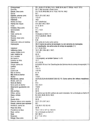 Envergonhado 25.1; 35.26; 37.19; 69.6; 74.21; 78.66; 83.16; 86.17; 109.28; 119.31; 127.5
Esconder 69.17. Não esconder o Rosto divino.
Escudo, Deus como 3.3; 7.9,10; 84.8; 89.8; 91.4; 115.9; 119.114; 144.2
Escuta 64.1
Espadas, palavras como 55.21; 57.4; 59.7; 64.3
Esperança na lei 119.147
Fidelidade 143.1
Flechas de Deus 64.7 (referências)
Flechas dos iníquos 57.4; 58.7; 64.3; 120.4
Fome 37.19; 38.19
Fortaleza, Deus como 91.2
Generosidade 41.1; 112.9
Glória 66.2
Hallel, salmos de Introdução ao Salmo 113
Herança 37.9,11,22,29,34; 106,40
Herança, Israel como 33.12
Higaiom 9.16
Implorando vitória em batalhas 20 e partes de muitos outros salmos
Imprecações 38.4 A maioria dos salmos de lamentação é ou tem elementos de imprecações.
Ver classificações dos salmos antes do começo da exposição (1.1)
Inabalável 21.7; 52.22; 66.9
Indiferença divina 10,11; 28.1; 59.4; 82.1; 143.7.
Justiça (retidão) da lei 119.142
Leão, metáfora de 22.13
Lei, a verdade 119.151
Lei, louvor a 119 (completo), ver também Salmos 1 e 19
Levantar os olhos 121.1
Liberalidade 41.1-112.19
Liturgia, salmos de 24,50,68,81,95 et al. Ver Classificações dos Salmos antes do começo da exposição (1.1)
Lombos 66.11
Louvor 119.171
Louvor à lei 119.119
Mão do Senhor 81.14
Mão direita do Senhor 20.6
Meditar 119.97
Messiânicos, salmos 2,8,16,22,23,24,40,45,68,69,72,89,102,110. Outros salmos têm relfexos messiânicos
Moisés, salmo de 90
Nome do Senhor 31.3
Nome santo do Senhor 30.4; 33.21
Observando (guardando) a lei 119.44
Ódio 25.19
Olho de Deus 34.15
Órfãos, salmos Os salmos que não têm subtitulo são assim chamados. Ver a introdução ao Salmo 91
Ossos, símbolo 6.2; 32.3; 34.20; 35.10; 102.3
Ouve 42.9; 64.1
Ouvido divino 35.15
Palavras (lábios) como espadas 55.21; 57.4; 59.7; 64.3
Pecado, palavras para expressar 32.1
Penitência, salmos de 6,32,39,51,102,130,143
Piscar dos olhos 35.19
Providência de Deus 75.6,7; 121.4; 127.1,2; 145.9,10
Reais, salmos Ver a introdução ao Salmo 8
Rede 35.7; 66.11
Redenção 31.5; 71.23; 107.2
Refúgio, Deus como 46.1
 