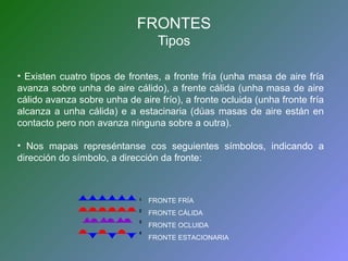 FRONTES 
Tipos 
• Existen cuatro tipos de frontes, a fronte fría (unha masa de aire fría 
avanza sobre unha de aire cálido), a frente cálida (unha masa de aire 
cálido avanza sobre unha de aire frío), a fronte ocluida (unha fronte fría 
alcanza a unha cálida) e a estacinaria (dúas masas de aire están en 
contacto pero non avanza ninguna sobre a outra). 
• Nos mapas represéntanse cos seguientes símbolos, indicando a 
dirección do símbolo, a dirección da fronte: 
FRONTE FRÍA 
FRONTE CÁLIDA 
FRONTE OCLUIDA 
FRONTE ESTACIONARIA 
 
