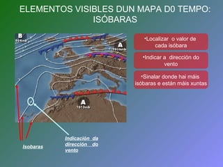 ELEMENTOS VISIBLES DUN MAPA D0 TEMPO: 
ISÓBARAS 
Isobaras 
Indicación da 
dirección do 
vento 
•Localizar o valor de 
cada isóbara 
•Indicar a dirección do 
vento 
•Sinalar donde hai máis 
isóbaras e están máis xuntas 
 
