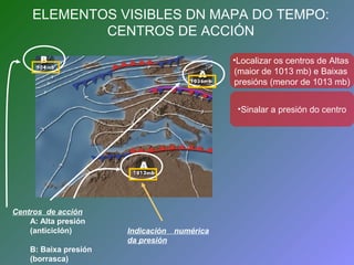ELEMENTOS VISIBLES DN MAPA DO TEMPO: 
CENTROS DE ACCIÓN 
Centros de acción 
A: Alta presión 
(anticiclón) 
B: Baixa presión 
(borrasca) 
Indicación numérica 
da presión 
•Localizar os centros de Altas 
(maior de 1013 mb) e Baixas 
presións (menor de 1013 mb) 
•Sinalar a presión do centro 
 