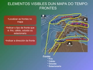 ELEMENTOS VISIBLES DUN MAPA DO TEMPO: 
FRONTES 
Frontes 
* Frio 
* Cálido 
* Ocluido 
* Estacionario 
•Localizar as frontes no 
mapa 
•Indicar o tipo de fronte que 
é: frío, cálido, ocluido ou 
estacionario 
•Indicar a dirección da fronte 
 