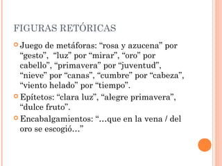 FIGURAS RETÓRICAS
 Juego  de metáforas: “rosa y azucena” por
  “gesto”, “luz” por “mirar”, “oro” por
  cabello”, “primavera” por “juventud”,
  “nieve” por “canas”, “cumbre” por “cabeza”,
  “viento helado” por “tiempo”.
 Epítetos: “clara luz”, “alegre primavera”,
  “dulce fruto”.
 Encabalgamientos: “…que en la vena / del
  oro se escogió…”
 