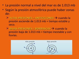 • La presión normal a nivel del mar es de 1.013 mb
• Según la presión atmosférica puede haber zonas
de:
 ALTAS PRESIONES = ANTICICLONES  cuando la
presión asciende de 1.013 mb = tiempo estable y
seco.
 BAJAS PRESIONES = BORRASCAS  cuando la
presión baja de 1.013 mb = tiempo inestable y con
lluvias.

 