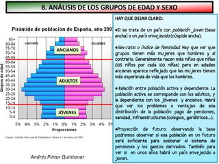 8. ANÁLISIS DE LOS GRUPOS DE EDAD Y SEXO
Andrés Pintor Quintanar
ANCIANOS
ADULTOS
JÓVENES
HAY QUE DEJAR CLARO:
•Si se trata de un país con población joven (base
ancha) o un país envejecido (cúspide ancha).
•Sex-ratio o índice de feminidad. Hay que ver que
grupos tienen más mujeres que hombres y al
contrario. Generalmente nacen más niños que niñas
(105 niños por cada 100 niñas) pero en edades
ancianas aparece reflejado que las mujeres tienen
más esperanza de vida que los hombres.
• Relación entre población activa y dependiente. La
población activa se corresponde con los adultos, y
la dependiente con los jóvenes y ancianos. Habrá
que ver los problemas o ventajas de esa
distribución de la población: pago de pensiones,
sanidad, infraestructuras (colegios, geriátricos...).
•Proyección de futuro: observando la base
podremos observar si esa población en un futuro
será suficiente para sostener el sistema de
pensiones y los gastos derivados. También para
ver si en unos años habrá un país envejecido o
joven.
 