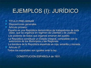 EJEMPLOS (I): JURÍDICO






TÍTULO PRELIMINAR
Disposiciones generales
Artículo primero.
España es una República democrática de trabajadores de toda
clase, que se organiza en régimen de Libertad y de Justicia.
Los poderes de todos sus órganos emanan del pueblo.
La República constituye un Estado integral, compatible con la
autonomía de los Municipios y las Regiones.
La bandera de la República española es roja, amarilla y morada.
Artículo 2º.
Todos los españoles son iguales ante la ley.
CONSTITUCIÓN ESPAÑOLA de 1931.

 