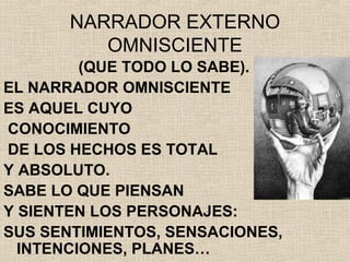 NARRADOR EXTERNO
OMNISCIENTE
(QUE TODO LO SABE).
EL NARRADOR OMNISCIENTE
ES AQUEL CUYO
CONOCIMIENTO
DE LOS HECHOS ES TOTAL
Y ABSOLUTO.
SABE LO QUE PIENSAN
Y SIENTEN LOS PERSONAJES:
SUS SENTIMIENTOS, SENSACIONES,
INTENCIONES, PLANES…
 
