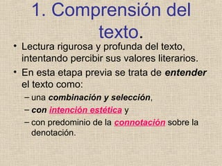 1. Comprensión del
texto.
• Lectura rigurosa y profunda del texto,
intentando percibir sus valores literarios.
• En esta etapa previa se trata de entender
el texto como:
– una combinación y selección,
– con intención estética y
– con predominio de la connotación sobre la
denotación.
 