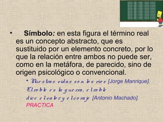 • Símbolo: en esta figura el término real
es un concepto abstracto, que es
sustituido por un elemento concreto, por lo
que la relación entre ambos no puede ser,
como en la metáfora, de parecido, sino de
origen psicológico o convencional.
• Nue stras vidas so n lo s río s [Jorge Manrique].
Elro ble e s la g ue rra, e lro ble
dice e lvalo r y e lco raje [Antonio Machado].
PRACTICA
 