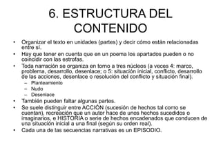 6. ESTRUCTURA DEL
CONTENIDO
• Organizar el texto en unidades (partes) y decir cómo están relacionadas
entre sí.
• Hay que tener en cuenta que en un poema los apartados pueden o no
coincidir con las estrofas.
• Toda narración se organiza en torno a tres núcleos (a veces 4: marco,
problema, desarrollo, desenlace; o 5: situación inicial, conflicto, desarrollo
de las acciones, desenlace o resolución del conflicto y situación final).
– Planteamiento
– Nudo
– Desenlace
• También pueden faltar algunas partes.
• Se suele distinguir entre ACCIÓN (sucesión de hechos tal como se
cuentan), recreación que un autor hace de unos hechos sucedidos o
imaginarios, e HISTORIA o serie de hechos encadenados que conducen de
una situación inicial a una final (según su orden real).
• Cada una de las secuencias narrativas es un EPISODIO.
 