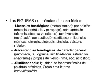 • Las FIGURAS que afectan al plano fónico:
– -Licencias fonológicas (metaplasmos): por adición
(prótesis, epéntesis y paragoge), por supresión
(aféresis, síncopa y apócope), por inversión
(metátesis), por sustitución (antitescon), licencias
métricas (diéresis, sinéresis, sinalefa, diástole,
sístole).
– -Recurrencias fonológicas: de carácter general
(parómeon, tautograma, similicadencia, aliteración,
anagrama) y propias del verso (rima, eco, acróstico).
– -Similicadencia: Igualdad de fonemas finales de
palabras próximas. Crean rima interna,
homoioteleuton.
 