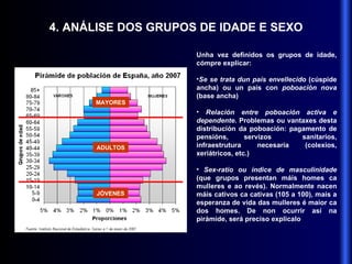 4. ANÁLISE DOS GRUPOS DE IDADE E SEXO MAYORES ADULTOS JÓVENES Unha vez definidos os grupos de idade, cómpre explicar: Se se trata dun país envellecido  (cúspide ancha) ou un país con  poboación nova  (base ancha) Relación entre poboación activa e dependente . Problemas ou vantaxes desta distribución da poboación: pagamento de pensións, servizos  sanitarios, infraestrutura necesaria (colexios, xeriátricos, etc.) Sex-ratio ou índice de masculinidade  (que grupos presentan máis homes ca mulleres e ao revés). Normalmente nacen máis cativos ca cativas (105 a 100), mais a esperanza de vida das mulleres é maior ca dos homes. De non ocurrir así na pirámide, será preciso explicalo 