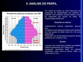 5. ANÁLISE DO PERFIL Por medio da análise do perfil intentamos dar explicación ás iregularidades que presenta a pirámide. Para analizala, cómpre coñecer a data de nacemento dos grupos de idade. As irregularidades débense a: Entrantes ou marcas: Falecementos masivos (epidemias, guerras, etc.) Emigración (que ademais produce unha xeración oca nos grupos de idade entre 20 e 40 anos posteriores) Poboación non nacida debido ás guerras, fames, epidemias, etc. (xeración oca) Saíntes: Aumento dos nacementos (política pronatalista, melloras económicas, etc.):  Baby boom Inmigración (aumentan tanto os estratos intermedios –pais- coma os baixos –fillos– xa nados aquí ou non) 
