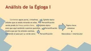Análisis de la Égloga I
Corrientes aguas puras, cristalinas, Epíteto épico
árboles que os estáis mirando en ellas, Personificación
verde prado de fresca sombra lleno, Epíteto épico Tópico locus
aves que aquí sembráis vuestras querellas, Personificación amoenus
hiedra que por los árboles caminas,
torciendo el paso por su verde seno; Personificación Naturaleza = interlocutor
 