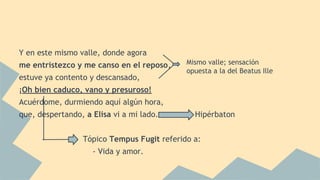 Y en este mismo valle, donde agora
me entristezco y me canso en el reposo,
estuve ya contento y descansado,
¡Oh bien caduco, vano y presuroso!
Acuérdome, durmiendo aquí algún hora,
que, despertando, a Elisa vi a mi lado. Hipérbaton
Tópico Tempus Fugit referido a:
- Vida y amor.
Mismo valle; sensación
opuesta a la del Beatus Ille
 