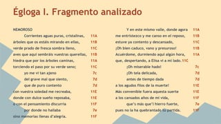 Égloga I. Fragmento analizado
NEMOROSO
Corrientes aguas puras, cristalinas, 11A
árboles que os estáis mirando en ellas, 11B
verde prado de fresca sombra lleno, 11C
aves que aquí sembráis vuestras querellas, 11B
hiedra que por los árboles caminas, 11A
torciendo el paso por su verde seno; 11C
yo me vi tan ajeno 7c
del grave mal que siento, 7d
que de puro contento 7d
con vuestra soledad me recreaba, 11E
donde con dulce sueño reposaba, 11E
o con el pensamiento discurría 11F
por donde no hallaba 7e
sino memorias llenas d’alegría. 11F
Y en este mismo valle, donde agora 11A
me entristezco y me canso en el reposo, 11B
estuve ya contento y descansado, 11C
¡Oh bien caduco, vano y presuroso! 11B
Acuérdome, durmiendo aquí algún hora, 11A
que, despertando, a Elisa vi a mi lado.11C
¡Oh miserable hado! 7c
¡Oh tela delicada, 7d
antes de tiempo dada 7d
a los agudos filos de la muerte! 11E
Más convenible fuera aquesta suerte 11E
a los cansados años de mi vida, 11F
que’s más que’l hierro fuerte, 7e
pues no la ha quebrantado tu partida. 11F
 