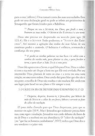 para a cova (inferno); Deus tomará conta das suas necessidades. Esta
pode ser uma declaração geral ou pode se referir aos prisioneiros de
Senaqueribe que foram levados para a Babilônia.
15 Porque eu sou o Senhor, teu D eus, que fen d e o mar, e
bram em as suas ondas. O Senhor dos E xércitos é o seu nome.
Deus não precisa ser despertado ou movido para agir (SI
121.4). Ele é o S enhor Todo-poderoso, o “S enhor dos Exér­
citos”. Até mesmo a agitação das ondas do mar falam de seu
contínuo poder e controle. O hebraico é enfático, renovando a
confiança do seu povo.
6 E ponho as m inhas palavras na tua boca e te cubro com a
som bra da m inha mão, para plantar os céus, e para fu n d a r a
terra, e para dizer a Sião: Tu és o m eu povo.
Deus fala agora com o Servo, o qual fala para Deus. Deus o cobri­
rá com a sua mão até chegar a hora em que Ele será revelado. Por seu
intermédio Deus plantará de novo os céus e a terra em uma nova
criação, ou uma nova ordem. Deus ainda dirá para Sião que eles são o
seu povo: a escolha de Deus não mudou e não mudará; Ele ainda tem
um lugar para Israel no seu plano e Ele sempre o terá.
3. 0 CÁLICE DA IRA DE DEUS ESCOADO E REMOVIDO 51.17-23
11 D esperta, desperta, levanta-te, ó Jerusalém , que bebeste da
m ão do Senhor o cálice do seufu ro r, bebeste e sorveste asfez es
do cálice da vacilação.
O povo tinha clamado para que Deus despertasse, para que se
movesse em ação (51.9). Mas é Jerusalém que realmente precisa fazer
isso, com vigor e resolução. Jerusalém tem caído debaixo do furor da
ira de Deus e a receberá em sua abundância. O “cálice da vacilação”
(ou “que faz os homens cambalearem”, N VI) indica que Deus deu o
seu veredicto e o juízo virá.
 