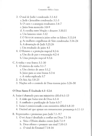 3. O mal de Judá é condenado 3.1-4.1
a. Judá e Jerusalém condenadas 3.1-3
b. O caos e a anarquia resultantes 3.4-7
c. Juízo bem merecido 3.8-9
d. A escolha entre bênção e desastre 3.10,11
e. Um lamento triste 3.12
f. O Senhor sentencia juízo sobre os líderes 3.13,14
g. As mulheres orgulhosas de Sião condenadas 3.16-24
h. A devastação de Judá 3.25,26
i. Um resultado do juízo 4 .1
4. O Renovo e a proteção nupcial 4.2-6
a. Um dia de paz e restauração 4.2-4
b. Uma proteção nupcial 4.5,6
C. A vinha e seus frutos 5.1-30
1. O cântico da vinha 5.1-7
a. Um cântico de amor 5.1,2
b. Juízo para as uvas bravas 5.3-6
c. A vinha explicada 5.7
2. Os Seis Ais 5.8-25
3. Nações sob o controle de Deus trazem juízo 5.26-30
O Deus Santo É Exaltado 6.1—
12.6
A. Isaías é chamado para um ministério difícil 6.1-13
1. A visão que Isaías teve de Deus 6.1-4
2. A confissão e purificação de Isaías 6.5-7
3. Isaías é comissionado a um ministério difícil 6.8-10
4. Durável até que apenas um remanescente permaneça 6.11-13
B. Repreensões e promessas para Judá 7.1—
9.7
I. O rei Acaz é desafiado a confiar em Deus 7.1-16
a. Síria e Efraim aliados contra Judá 7.1-9
b. Deus oferece e promete um sinal 7.10-13
c. O sinal do Emanuel 7.14-16
 