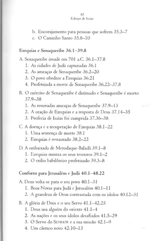 b. Encorajamento para pessoas que sofrem 35.3—
7
c. O Caminho Santo 35.8—
10
Ezequias e Senaqueribe 36.1—
39.8
A. Senaqueribe invade em 701 a.C. 36.1—
37.8
1. As cidades de Judá capturadas 36.1
2. As ameaças de Senaqueribe 36.2—
20
3. O povo obedece a Ezequias 36.21
4. Profetizada a morte de Senaqueribe 36.22—
37.8
B. O exército de Senaqueribe é dizimado e Senaqueribe é morto
37.9-38
1. As renovadas ameaças de Senaqueribe 37.9—
13
2. A oração de Ezequias e a resposta de Deus 37.14—
35
3. Profecia de Isaías foi cumprida 37.36—
38
C. A doença e a recuperação de Ezequias 38.1—
22
1. Uma sentença de morte 38.1
2. Ezequias é restaurado 38.2—
22
D. A embaixada de Merodaque-Baladã 39.1—
8
1. Ezequias mostra os seus tesouros 39.1—
2
2. O exílio babilônico profetizado 39.3—
8
Conforto para Jerusalém e Judá 40.1—
48.22
A. Deus volta-se para o seu povo 40.1—
31
1. Boas Novas para Judá e Jerusalém 40.1—
11
2. A grandeza de Deus contrastada com os ídolos 40.12—
31
B. A glória de Deus e o seu Servo 4 L I—
42.25
1. Deus usa alguém do oriente 41.1—
4
2. As nações e os seus ídolos desafiados 41.5—
29
3. O Servo do Senhor e a sua missão 42.1—
9
4. Um cântico novo 42.10—
13
 