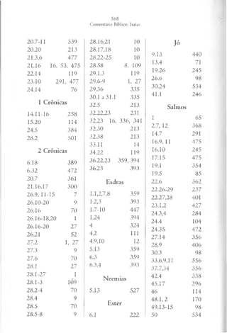 20 .7 -II 339 28.16,21 10 Jó
20.20 213 28.17,18 10
21.3.6 477 28.22-25 10
9.13 440
21.16 16, 53. 475 28.58 8, 109
13.4 71
22.14 119 29.1,3 119
19.26 245
23.10 291, 477 29.6-9 I, 27
26.6 98
24.14 76 29.36 335
30.24 534
30.1 a 3 1 .1 335
4 1 .1 246
I Crônicas 32.5 213 Salmos
I4 .I I -I 6 258 32.22,23 231
I 65
15.20 114 32.23 16, 336, 341
24.5 384 32.30 213
2.7, 12 368
28.2 501 32.38 213
14.7 291
33.11 14
16.9, II 475
2 Crônicas 34.22 119
16.10 245
6.18
6.32
389
472
36.22.23 3 5 9 ,3 9 4
36.23 393
17.15
19.1
19.5
475
354
85
20.7 361
Esdras 22.6 362
21.16,17 300
359
22.26-29 237
26.9, I I -15 7 1.1,2,7,8
22.27,28 401
26.10-20 9 1.2,3 393
23.1,2 427
26.16 70 I.7-I0 447
24.3,4 284
26.16-18,20 I 1.24 394
24.4 104
26.16-20 27 4 324
24.35 472
26.21 52 4.2 I II
27.14 356
27.2 I, 27 4.9,10 12
28.9 406
27.3 9 5.13 359
30.3 98
27.6 70 6.3 359
33.6,9,11 556
28.1 27 6.3,4 393
37.7,34 356
28.1-27 I
Neemias 42.4 338
28.1-3 IÓ9 45.17 296
28.2-4 70 5.13 527 46 114
28.4 9
Ester
48.1, 2 170
28.5 70 49.13-15 98
28.5-8 9 6.1 222 50 534
 