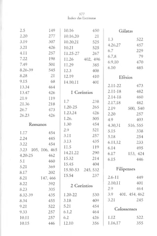 2.5 149
2.20 277
3.19 307
3.21 426
4.11 257
7.22 198
7.49 501
8.26-39 545
8.28 21
9.15 68
13.34 464
13.47 426
21.9 119
21.36 218
26.7 473
26.23 426
Romanos
1.17 454
2.24 445
3.22 454
3.23 105, 106, 465
4.20-25 462
5.1 460
5.21 369
8.17 202
8.21 147, 466
8.22 392
8.23 305
8.32-39 435
8.34 455
9.21 522
9.33 257
10.11 257
10.15 446
10.16 450
10.16,20 21
10.20,21 525
10.21 525
11.25-27 267
11.26 402, 496
11.29 385
12.3 408
12.19 410
14.10,11 401
I Coríntios
1.7 238
1.20-25 265
1.23,24 426
1.26. 505
1.30 454
2.9 521
3.11 257
3.13 435
I I .5 119
14.21,22 290
15.32 214
15.45 404
15.50-53 245, 532
15.54 237
2 Coríntios
1.20-22 530
3.18 409
5.21 454
6.1,2 464
6.2 426
12.10 356
Gálatas
1.3 522
4.26,27 457
6.7 229
6.7,8 79
6.9.10 470
6.10 485
Efésios
2.11-22 473
2 .II-I8 482
2.14-18 460
2.17,18 482
2.19 500, 540
2.20 257
4.9 403
4.30,31 516, 555
5.15 338
5.18 254
6.11,12 233
6.14 495
6.17 153, 424
6.15 446
Filipenses
2 .6-11 449
2.10,11 401
2.9 464
3.9 401, 4 5 4 ,4 6 2
3.21 245
Colossenses
1.12 522
1.16,17 355
 