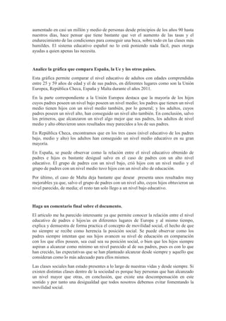 aumentado en casi un millón y medio de personas desde principios de los años 90 hasta
nuestros días, hace pensar que tiene bastante que ver el aumento de las tasas y el
endurecimiento de las condiciones para conseguir una beca, sobre todo en las clases más
humildes. El sistema educativo español no lo está poniendo nada fácil, pues otorga
ayudas a quien apenas las necesita.
Analice la gráfica que compara España, la Ue y los otros países.
Esta gráfica permite comparar el nivel educativo de adultos con edades comprendidas
entre 25 y 59 años de edad y el de sus padres, en diferentes lugares como son la Unión
Europea, República Checa, España y Malta durante el años 2011.
En la parte correspondiente a la Unión Europea destaca que la mayoría de los hijos
cuyos padres poseen un nivel bajo poseen un nivel medio; los padres que tienen un nivel
medio tienen hijos con un nivel medio también, por lo general; y los adultos, cuyos
padres poseen un nivel alto, han conseguido un nivel alto también. En conclusión, salvo
los primeros, que alcanzaron un nivel algo mejor que sus padres, los adultos de nivel
medio y alto obtuvieron unos resultados muy parecidos a los de sus padres.
En República Checa, encontramos que en los tres casos (nivel educativo de los padres
bajo, medio y alto) los adultos han conseguido un nivel medio educativo en su gran
mayoría.
En España, se puede observar como la relación entre el nivel educativo obtenido de
padres e hijos es bastante desigual salvo en el caso de padres con un alto nivel
educativo. El grupo de padres con un nivel bajo, crió hijos con un nivel medio y el
grupo de padres con un nivel medio tuvo hijos con un nivel alto de educación.
Por último, el caso de Malta deja bastante que desear presenta unos resultados muy
mejorables ya que, salvo el grupo de padres con un nivel alto, cuyos hijos obtuvieron un
nivel parecido, de media; el resto tan solo llego a un nivel bajo educativo.
Haga un comentario final sobre el documento.
El articulo me ha parecido interesante ya que permite conocer la relación entre el nivel
educativo de padres e hijos/as en diferentes lugares de Europa y al mismo tiempo,
explica y demuestra de forma practica el concepto de movilidad social, el hecho de que
no siempre se recibe como herencia la posición social. Se puede observar como los
padres siempre intentan que sus hijos avancen su nivel de educación en comparación
con los que ellos poseen, sea cual sea su posición social, o bien que los hijos siempre
aspiran a alcanzar como mínimo un nivel parecido al de sus padres, pues es con lo que
han crecido, las expectativas que se han planteado alcanzar desde siempre y aquello que
consideran como lo más adecuado para ellos mismos.
Las clases sociales han estado presentes a lo largo de nuestras vidas y desde siempre. Si
existen distintas clases dentro de la sociedad es porque hay personas que han alcanzado
un nivel mayor que otras, en conclusión, que existe una descompensación en este
sentido y por tanto una desigualdad que todos nosotros debemos evitar fomentando la
movilidad social.
 