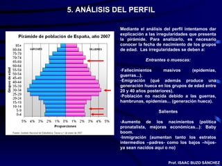 5. ANÁLISIS DEL PERFIL Prof. ISAAC BUZO SÁNCHEZ Mediante el análisis del perfil intentamos dar explicación a las irregularidades que presenta la pirámide. Para analizarlo, es necesario conocer la fecha de nacimiento de los grupos de edad.  Las irregularidades se deben a: Entrantes o muescas: Fallecimientos masivos (epidemias, guerras...). Emigración (qué además produce una generación hueca en los grupos de edad entre 20 y 40 años posteriores). Población no nacida debido a las guerras, hambrunas, epidemias... (generación hueca). Salientes Aumento de los nacimientos (política pronatalista, mejoras económicas...): Baby boom. Inmigración (aumentan tanto los estratos intermedios –padres- como los bajos –hijos- ya sean nacidos aquí o no) 