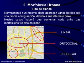 Normalmente nun mesmo plano aparecen varios barrios coa súa propia configuración, debido á súa diferente orixe Nestes casos haberá que comentar cada unha das morfoloxías visibles no plano LINEAL ORTOGONAL IRREGULAR 2. Morfoloxía Urbana Tipo de planos http://personales.ya.com/isaacbuzo http://personales.ya.com/isaacbuzo Prof. Isaac Buzo Sánchez 