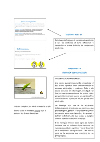 Diapositiva # 16 y 17

                                                    Se incluyen definiciones de competencia y se invita
                                                    a que los asistentes al curso reflexionen y
                                                    desarrollen su propia definición de competencia
                                                    académica.




                                                                     Diapositiva # 19

                                                             INDUCCIÓN DE ORGANIZACIÓN


                                                    VIDEO HORMIGAS TRABAJANDO…

                                                    Una ocasión que caminaba rumbo a mis clases, v í
                                                    esta escena y produjo en mi una combinación de
                                                    sorpresa, admiración y vergüenza. Todo el día
                                                    estuve pensando en esta imagen, investigué y al
                                                    final no tuve otro remedio que dar gracias a Dios
                                                    por permitirme ver este suceso tan grandioso!!! A
                                                    continuación una explicación del por qué de tanta
                                                    admiración:

Sólo por compartir, les anexo un video de lo que    Las hormigas son una de las sociedades
                                                    trabajadoras más organizadas que construyen sus
Podría causar el desorden, jijijijjijij!!! (es la   propios hogares, generan su propia comida y crean
primera liga de esta diapositiva)                   sus propias estructuras laborales. Se agrupan y
                                                    definen instintivamente sus tareas y cumplen
                                                    diversos objetivos trabajando en equipo.

                                                    Si las hormigas obtienen estos logros de manera
                                                    instintiva, qué no podremos hacer nosotros con
                                                    nuestras capacidades cognitivas y con el desarrollo
                                                    de la competencia de Organización…? Eh aquí un
                                                    poco de la vergüenza que menciono en un
                                                    principio (jeje)
 