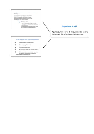 Diapositiva # 35 y 36


Algunos puntos acerca de lo que se debe hacer y
no hacer en el proceso de retroalimentación.
 