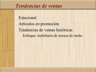Tendencias de ventas
Estacional
Artículos en promoción
Tendencias de ventas históricas
Enfoque: mobiliario de terraza de otoño