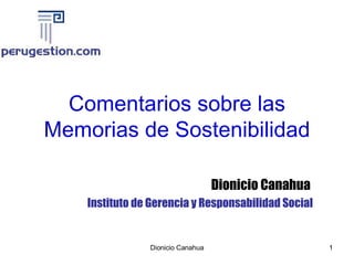 Comentarios sobre las Memorias de Sostenibilidad Dionicio Canahua  Instituto de Gerencia y Responsabilidad Social 