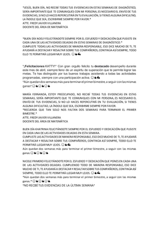 *JESÚS, BUEN DÍA, NO RECIBÍ TODAS TUS EVIDENCIAS EN ESTAS SEMANAS DE DIAGNÓSTICO,
SERÍA IMPORTANTEQUE TE COMUNIQUES CON MI PERSONA,ES NECESARIOEL ENVÍODE TUS
EVIDENCIAS,SINOLOHACESREPERCUTIRÁ EN TUEVALUACIÓN,SITIENESALGUNA DIFICULTAD,
LA ÍNDOLE QUE SEA, ESCRIBIRME SIEMPRE POR FAVOR.*
ATTE. FREDY JAVIER VILLANERA
DOCENTE DEL ÁREA DE MATEMÁTICA
*BUEN DÍA NOELY FELICITÁNDOTESIEMPRE POR EL ESFUERZO Y DEDICACIÓN QUE PUSISTE EN
CADA UNA DE LAS ACTIVIDADES DEJADAS EN ESTAS SEMANAS DE DIAGNÓSTICO.*
CUMPLISTE TODAS LAS ACTIVIDADES DE MANERA RESPONSABLE, ESO DICE MUCHO DE TI, TE
AYUDARÁ A DESTACARY RESALTAR SOBRE TUS COMPAÑEROS,CONTINÚA ASÍSIEMPRE, TODO
ELLO TE PERMITIRÁ LLEGAR MUY LEJOS. 😊👍💪
*¡Felicitaciones KATTY!* Con gran orgullo felicito tu destacado desempeño durante
este mes de abril, siempre lleno de un espíritu de superación que te permite lograr las
metas. Te has distinguido por tus buenos trabajos asistiendo a todas las actividades
programadas, siempre con una participación activa. 😊👍💪
*Aún quedandos semanasmás para terminarel primerbimestre,a seguir con lasmismas
ganas*.😊👍😊👍😊👍
MARÍA FERNANDA, ESTOY PREOCUPADO, NO RECIBÍ TODAS TUS EVIDENCIAS EN ESTAS
SEMANAS, SERÍA IMPORTANTE QUE TE COMUNIQUES CON MI PERSONA, ES NECESARIO EL
ENVÍO DE TUS EVIDENCIAS, SI NO LO HACES REPERCUTIRÁ EN TU EVALUACIÓN, SI TIENES
ALGUNA DIFICULTAD, LA ÍNDOLE QUE SEA, ESCRIBIRME SIEMPRE POR FAVOR.
*RECUERDA QUE TAN SOLO NOS FALTAN DOS SEMANAS PARA TERMINAR EL PRIMER
BIMESTRE.*
ATTE. FREDY JAVIER VILLANERA
DOCENTE DEL ÁREA DE MATEMÁTICA
BUEN DÍA KHATRINA FELICITÁNDOTE SIEMPRE POR EL ESFUERZO Y DEDICACIÓN QUE PUSISTE
EN CADA UNA DE LAS ACTIVIDADES DEJADAS EN ESTA SEMANA.
CUMPLISTE LASACTIVIDADESDEMANERA RESPONSABLE,ESO DICEMUCHO DE TI,TE AYUDARÁ
A DESTACAR Y RESALTAR SOBRE TUS COMPAÑEROS, CONTINÚA ASÍ SIEMPRE, TODO ELLO TE
PERMITIRÁ LLEGAR MUY LEJOS. 😊👍💪
Aún quedan dos semanas más para terminar el primer bimestre, a seguir con las mismas
ganas.😊👍😊👍😊👍
NICOLE PRIMERO FELICITÁNDOTEPOR EL ESFUERZO Y DEDICACIÓN QUE PONESEN CADA UNA
DE LAS ACTIVIDADES DEJADAS. CUMPLIENDO TODO DE MANERA RESPONSABLE, ESO DICE
MUCHO DE TI,TE AYUDARÁ A DESTACARY RESALTARSOBRETUS COMPAÑEROS,CONTINÚA ASÍ
SIEMPRE, TODO ELLO TE PERMITIRÁ LLEGAR MUY LEJOS. 😊👍💪
*Aún quedan dos semanas más para terminar el primer bimestre, a seguir con las mismas
ganas.* 😊👍😊👍😊👍
*NO RECIBÍ TUS EVIDENCIAS DE LA ÚLTIMA SEMANA*
 