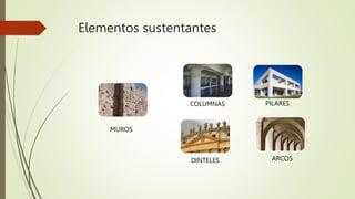 Elementos sustentantes
MUROS
COLUMNAS PILARES
ARCOS
DINTELES
 