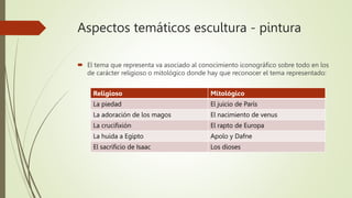 Aspectos temáticos escultura - pintura
 El tema que representa va asociado al conocimiento iconográfico sobre todo en los
de carácter religioso o mitológico donde hay que reconocer el tema representado:
Religioso Mitológico
La piedad El juicio de París
La adoración de los magos El nacimiento de venus
La crucifixión El rapto de Europa
La huida a Egipto Apolo y Dafne
El sacrificio de Isaac Los dioses
 