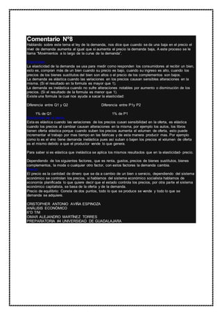 Comentario Nº8
Hablando sobre este tema el ley de la demanda, nos dice que cuando se da una baja en el precio el
nivel de demanda aumenta al igual que si aumenta el precio la demanda baja, A este proceso se le
llama “Movimientos a lo largo de la curva de la demanda”.
Elasticidad.
La elasticidad de la demanda se usa para medir como responden los consumidores al recibir un bien,
esto es, compran más de un bien cuando su precio es bajo, cuando su ingreso es alto, cuando los
precios de los bienes sustitutos del bien son altos o el precio de los complementos son bajos.
La demanda es elástica cuando las variaciones en los precios causan sensibles alteraciones en la
misma. (Si el resultado en la formula es mayor que 1).
La demanda es inelástica cuando no sufre alteraciones notables por aumento o disminución de los
precios. (Si el resultado de la formula es menor que 1).
Existe una formula la cual nos ayuda a sacar la elasticidad:
Diferencia entre Q1 y Q2 Diferencia entre P1y P2
1% de Q1 1% de P1
Elasticidad de la oferta,
Esta es elástica cuando las variaciones de los precios cusan sensibilidad en la oferta, es elástica
cuando los precios al cambiar causan alteraciones en la misma, por ejemplo los autos, los libros
tienen oferta elástica porque cuando suben los precios aumenta el volumen de oferta, esto puede
incrementar el trabajo por mas tiempo en las fabricas y de esta manera producir mas. Por ejemplo
como lo es el vino tiene demanda inelástica pues así suban o bajen los precios el volumen de oferta
es el mismo debido a que el productor vende lo que genera.
Para saber si es elástica que inelástica se aplica los mismos resultados que en la elasticidad- precio.
Dependiendo de los siguientes factores, que es renta, gustos, precios de bienes sustitutos, bienes
complementos, la moda o cualquier otro factor, con estos factores la demanda cambia.
Precio:
El precio es la cantidad de dinero que se da a cambio de un bien o servicio, dependiendo del sistema
económico se controlan los precios, si hablamos del sistema económico socialista hablamos de
economía planificada lo que quiere decir que el estado controla los precios, por otra parte el sistema
económico capitalista, se basa de la oferta y de la demanda.
Precio de equilibrio: Consta de dos puntos, todo lo que se produce se vende y todo lo que se
demanda se adquiere.
CRISTOPHER ANTONIO AVIÑA ESPINOZA
ANÁLISIS ECONÓMICO
6°D T/M
OMAR ALEJANDRO MARTÍNEZ TORRES
PREPARATORIA #4 UNIVERSIDAD DE GUADALAJARA
 