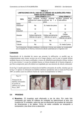 Comentarios a la Norma E.070 ALBAÑILERIA SENCICO – San Bartolomé
todo edificio
Celdas
rellenas con grout
*Las limitaciones indicadas establecen condiciones mínimas que pueden ser exceptuadas
con el respaldo de un informe y memoria de cálculo sustentada por un ingeniero civil.
Comentario
Dependiendo de la densidad de muros que presente la edificación, es posible que su
comportamiento ante sismos severos sea en el rango elástico, con lo cual, se puede utilizar
unidades huecas en los muros confinados o muros de albañilería parcialmente rellena, incluso
en la zona sísmica 3, ya que las unidades huecas se trituran después de la fractura diagonal, o
por flexo-compresión, pero ello deberá ser respaldado por una memoria de cálculo estructural.
En la Fig.3.3 puede apreciarse la trituración de ladrillos artesanales de arcilla, mientras que en
la Fig.1.12 aparece la trituración de ladrillos tubulares (pandereta) ante el sismo de Pisco del
2007; en ambos casos los edificios fueron de 3 pisos incumpliéndose la Tabla 2.
5.4 PRUEBAS
a) Muestreo.- El muestreo será efectuado a pie de obra. Por cada lote
compuesto por hasta 50 millares de unidades se seleccionará al azar una
muestra de 10 unidades, sobre las que se efectuarán las pruebas de variación
de dimensiones y de alabeo. Cinco de estas unidades se ensayarán a
compresión y las otras cinco a absorción.
27
Fig.3.3
Trituración de
ladrillos artesanales
de arcilla en
edificios de 3 pisos.
Pisco, 2007.
TABLA 2
LIMITACIONES EN EL USO DE LA UNIDAD DE ALBAÑILERÍA PARA
FINES ESTRUCTURALES
TIPO
ZONA SÍSMICA 2 Y 3 ZONA SÍSMICA 1
Muro portante en
edificios de 4 pisos a
más
Muro portante en
edificios de 1 a 3
pisos
Muro portante en
Sólido
Artesanal *
Sólido
Industrial
No
Sí
Sí, hasta dos pisos
Sí
Sí
Sí
Alveolar
Sí
Celdas totalmente
rellenas con grout
Sí
Celdas parcialmente
rellenas con grout
Sí
parcialmente
Hueca
No No Sí
Tubular No No Sí, hasta 2 pisos
 