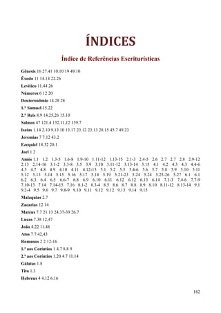 182
ÍNDICES
Índice de Referências Escriturísticas
Gênesis 16 27.41 10.10 19 49.10
Êxodo 11 14.14 22.26
Levítico 11.44 26
Números 6 12 20
Deuteronômio 14.28 28
1.° Samuel 15.22
2.° Reis 8.9 14.25,26 15.10
Salmos 47 121.4 132.11,12 139.7
Isaías 1.14 2.10 9.13 10 13.17 23.12 23.13 28.15 45.7 49.23
Jeremias 7 7.12 43.2
Ezequiel 18.32 20.1
Joel 1 2
Amós 1.1 1.2 1.3-5 1.6-8 1.9-10 1.11-12 1.13-15 2.1-3 2.4-5 2.6 2.7 2.7 2.8 2.9-12
2.13 2.14-16 3.1-2 3.3-8 3.5 3.9 3.10 3.11-12 3.13-14 3.15 4.1 4.2 4.3 4.3 4.4-6
4.5 4.7 4.8 4.9 4.10 4.11 4.12-13 5.1 5.2 5.3 5.4-6 5.6 5.7 5.8 5.9 5.10 5.11
5.12 5.13 5.14 5.15 5.16 5.17 5.18 5.19 5.21-23 5.24 5.24 5.25-26 5.27 6.1 6.1
6.2 6.3 6.4 6.5 6.6-7 6.8 6.9 6.10 6.11 6.12 6.12 6.13 6.14 7.1-3 7.4-6 7.7-9
7.10-13 7.14 7.14-15 7.16 8.1-2 8.3-4 8.5 8.6 8.7 8.8 8.9 8.10 8.11-12 8.13-14 9.1
9.2-4 9.5 9.6 9.7 9.8-9 9.10 9.11 9.12 9.12 9.13 9.14 9.15
Malaquias 2.7
Zacarias 12 14
Mateus 7.7 21.13 24.37-39 26.7
Lucas 7.38 12.47
João 4.22 11.48
Atos 7 7.42,43
Romanos 2 2.12-16
1.ª aos Coríntios 1 4.7 8.8 9
2.ª aos Coríntios 1.20 4.7 11.14
Gálatas 1.8
Tito 1.3
Hebreus 4 4.12 6.16
 
