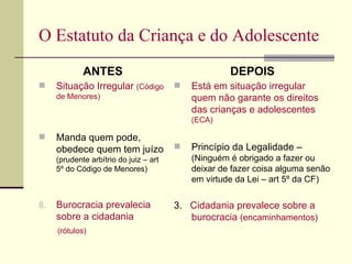 O Estatuto da Criança e do Adolescente   ANTES Situação Irregular  (Código de Menores) Manda quem pode, obedece quem tem juízo  (prudente arbítrio do juiz – art 5º do Código de Menores) Burocracia prevalecia sobre a cidadania (rótulos) DEPOIS Está em situação irregular quem não garante os direitos das crianças e adolescentes  (ECA) Princípio da Legalidade – (Ninguém é obrigado a fazer ou deixar de fazer coisa alguma senão em virtude da Lei – art 5º da CF) 3.  Cidadania prevalece sobre a burocracia  (encaminhamentos) 