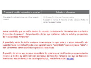 Non é admisible que se inclúa dentro do suposto orzamento de “Dinamización económica
Cremento e Emprego”. Esta actuación, de ter que realizarse, debería incluirse no capítulo
de “Sostibilidade Ambiental”
A gravidade desta inclusión errónea incrementase xa que esta e a única actuación de
suposta índole forestal calificada neste epígrafe como “salientable” que contempla “obra” e
non só trámites administrativos ou procesos lexislativos
A posición do sector ven sendo a necesidade de separacion e clarificación orzamentaria dos
recursos e medios da administración dedicadas ós Incendios Forestais e os que se dedican ó
fomento da xestion forestal e o tecido productivo. Mas información: [enlace]
 