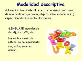 Modalidad descriptiva
-El emisor transmite al receptor la visión que tiene
de una realidad (persona, objeto, idea, emociones...)
especificando sus particularidades.


  -LENGUAJE: abundancia
  de adj, sust, CN, etc.

  Los verbos serán de
  estado, no de movimiento:
  ser, estar, parecer,
  haber...
 
