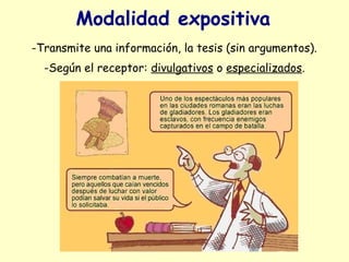 Modalidad expositiva
-Transmite una información, la tesis (sin argumentos).
  -Según el receptor: divulgativos o especializados.
 