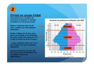 2
Divisió en grups d'edat
Normalment per a analitzar les
piràmides de població es divideix
la població en tres grups d'edat:

Majors = població major de 65
                                        MAYORES
anys. Jubilats i per tant població
dependent.

Adults = Majors de 16 anys, prou
grans per treballar (a les piràmides
els grups d'edat són presos de 5 en     ADULTOS
5 anys la divisió es fa als 15 anys).

 Joves = població menor de 16, no
pot treballar, per tant és població
dependent.
                                        JÓVENES

Aquesta informació ens serà útil
per veure el grau d'envelliment de
la població i el grau de
dependència.
 