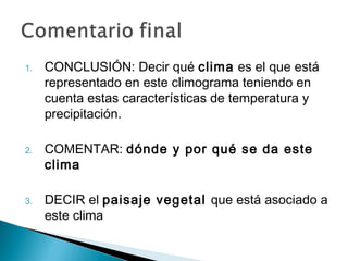 1. CONCLUSIÓN: Decir qué clima es el que está
representado en este climograma teniendo en
cuenta estas características de temperatura y
precipitación.
2. COMENTAR: dónde y por qué se da este
clima
3. DECIR el paisaje vegetal que está asociado a
este clima
