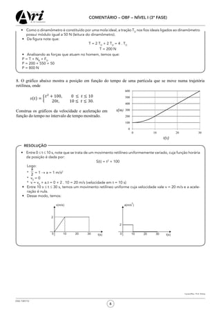 OSG 7347/12
COMENTÁRIO – OBF – NÍVEL I (3ª FASE)
6
RESOLUÇÃO
•	 Como o dinamômetro é constituído por uma mola ideal, a tração TD
nos fios ideais ligados ao dinamômetro
possui módulo igual a 50 N (leitura do dinamômetro).
•	 Da figura note que:
T = 2 TD
+ 2 TD
= 4 . TD
T = 200 N
•	 Analisando as forças que atuam no homem, temos que:
P = T + NB
+ FD
P = 200 + 550 + 50
P = 800 N
•	 Entre 0 ≤ t ≤ 10 s, note que se trata de um movimento retilíneo uniformemente variado, cuja função horária
da posição é dada por:
S(t) = t2
+ 100
	Logo:
	 * = 1 → a = 1 m/s2
	 * v0
= 0
	 * v = v0
+ a.t = 0 + 2 . 10 = 20 m/s (velocidade em t = 10 s)
•	 Entre 10 s ≤ t ≤ 30 s, temos um movimento retilíneo uniforme cuja velocidade vale v = 20 m/s e a acele-
ração é nula.
•	 Desse modo, temos:
Cynara/Rev.: Prof. Edney
 