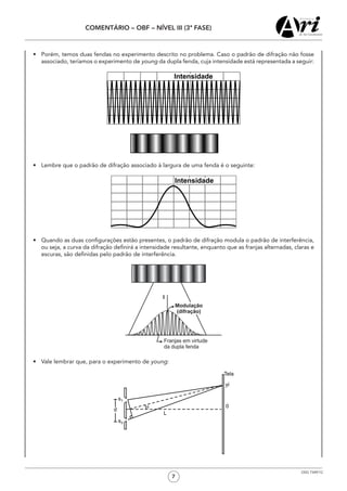 7
COMENTÁRIO – OBF – NÍVEL III (3ª FASE)
OSG 7349/12
•	 Porém, temos duas fendas no experimento descrito no problema. Caso o padrão de difração não fosse
associado, teríamos o experimento de young da dupla fenda, cuja intensidade está representada a seguir:
•	 Lembre que o padrão de difração associado à largura de uma fenda é o seguinte:
•	 Quando as duas configurações estão presentes, o padrão de difração modula o padrão de interferência,
ou seja, a curva da difração definirá a intensidade resultante, enquanto que as franjas alternadas, claras e
escuras, são definidas pelo padrão de interferência.
•	 Vale lembrar que, para o experimento de young:
 