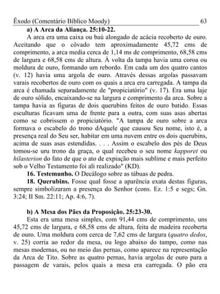 Êxodo (Comentário Bíblico Moody) 63
a) A Arca da Aliança. 25:10-22.
A arca era uma caixa ou baú alongado de acácia recoberto de ouro.
Aceitando que o côvado tem aproximadamente 45,72 cms de
comprimento, a arca media cerca de 1,14 ms de comprimento, 68,58 cms
de largura e 68,58 cms de altura. À volta da tampa havia uma coroa ou
moldura de ouro, formando um rebordo. Em cada um dos quatro cantos
(v. 12) havia uma argola de ouro. Através dessas argolas passavam
varais recobertos de ouro com os quais a arca era carregada. A tampa da
arca é chamada separadamente de "propiciatório" (v. 17). Era uma laje
de ouro sólido, encaixando-se na largura e comprimento da arca. Sobre a
tampa havia as figuras de dois querubins feitos de ouro batido. Essas
esculturas ficavam uma de frente para a outra, com suas asas abertas
como se cobrissem o propiciatório. "A tampa de ouro sobre a arca
formava o escabelo do trono dAquele que causou Seu nome, isto é, a
presença real do Seu ser, habitar em uma nuvem entre os dois querubins,
acima de suas asas estendidas. . . . Assim o escabelo dos pés de Deus
tomou-se uru trono da graça, o qual recebeu o seu nome kapporet ou
hilasterion do fato de que o ato de expiação mais sublime e mais perfeito
sob o Velho Testamento foi ali realizado" (KD).
16. Testemunho. O Decálogo sobre as tábuas de pedra.
18. Querubins. Fosse qual fosse a aparência exata destas figuras,
sempre simbolizaram a presença do Senhor (cons. Ez. 1:5 e segs; Gn.
3:24; II Sm. 22:11; Ap. 4:6, 7).
b) A Mesa dos Pães da Proposição. 25:23-30.
Esta era uma mesa simples, com 91,44 cms de comprimento, uns
45,72 cms de largura, e 68,58 cms de altura, feita de madeira recoberta
de ouro. Uma moldura com cerca de 7,62 cms de largura (quatro dedos,
v. 25) corria ao redor da mesa, ou logo abaixo do tampo, como nas
mesas modernas, ou no meio das pernas, como aparece na representação
da Arca de Tito. Sobre as quatro pernas, havia argolas de ouro para a
passagem de varais, pelos quais a mesa era carregada. O pão era
 