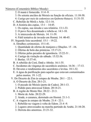 Números (Comentário Bíblico Moody) 7
2. O maná é fornecido. 11:4 -9.
3. Os setenta anciãos de Moisés na função de oficiais. 11:10-30.
4. Castigo por meio de codornizes em Quibrote-Hataavá. 11:31-35.
C. Rebelião de Miriã e Arão. 12:1-16.
D. A história dos espias. 13:1 – 14:45.
1. Os espias, sua missão e seu relatório. 13:1-33.
2. O povo fica desanimado e rebela-se. 14:1-10.
3. A intercessão de Moisés. 14: 11-39.
4. Fútil tentativa de invasão em Hormá. 14: 40-45.
IV. Segunda lista sacerdotal. 15:1 – 19:22.
A. Detalhes cerimoniais. 15:1-41.
1. Quantidade de ofertas de manjares e libações. 15 -16.
2. Ofertas de bolo das primícias. 15:17-21.
3. Ofertas pelos pecados de ignorância. 15:22-31 .
4. Castigo da violação do sábado. 15:32-36.
5. Borlas. 15:37-41.
B. A rebelião de Coré, Datã e Abirão. 16:1-35.
C. Incidentes da vingança do sacerdócio araônico. 16:36 – 17:13.
D. Deveres e rendimentos dos sacerdotes e levitas. 18:1-32.
E. A água da purificação para aqueles que estavam contaminados
pelos mortos. 19: 1-22.
V. Do Deserto de Zim às estepes de Moabe. 20:1 – 22:1.
A. O Deserto de Zim. 20:1-21.
1. O pecado de Moisés (perto de Cades). 20:1-13.
2. Pedido para atravessar Edom. 20:14-21.
B. A região do Monte Hor. 20:22 - 21:3.
1. Morte de Arão. 20:22-29.
2. Arade, o cananeu, derrotado em Hormá. 21:1-3.
C. A viagem às estepes de Moabe. 21:4 - 22:1.
1. Rebelião na viagem à volta de Edom. 21:4 -9.
2. Lugares atravessados na marcha partindo de Arabá. 21:10-20.
3. Derrota dos amorreus. 21:21-32.
 